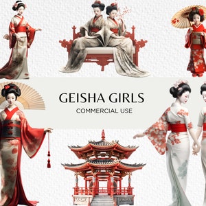 Geisha Girls Clipart Bundle, 16 PNG transparente 300 dpi, tradiciones japonesas, artistas femeninas, Japón, descarga digital, uso comercial