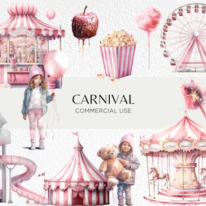 Carnival Watercolour Clipart Bundle, 18 Transparent PNG 300 dpi, Cute Carousel, Pink Circus, Firework Night, Digital Download Commercial Use