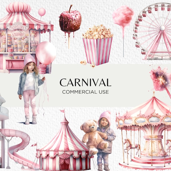 Carnival Aquarelle Clipart Bundle, 18 Transparent PNG 300 dpi, Carrousel mignon, Cirque rose, Soirée feu d’artifice, Téléchargement numérique Utilisation commerciale