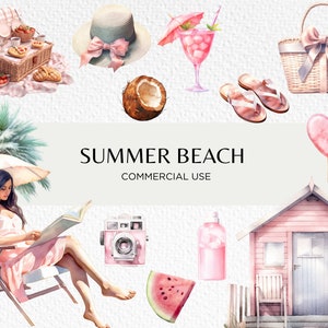 Pacote de clipart aquarela de praia de verão, 24 PNG transparentes 300 dpi Bonito feminino pastel rosa Praias de verão, download digital, uso comercial
