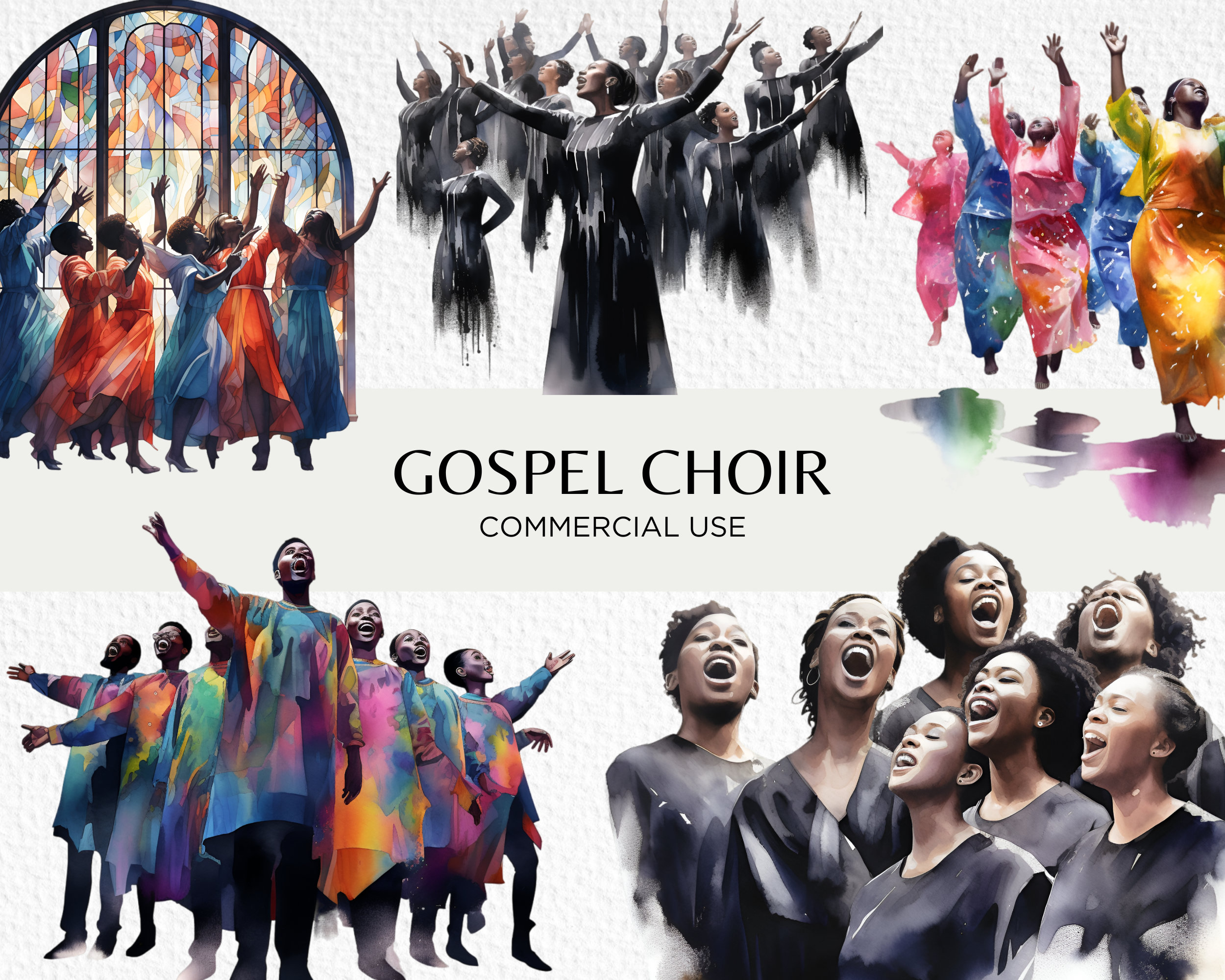 Watercolour Gospel Choir Clipart, 16 Transparent Isolated PNG 300 dpi, Happy Colorful Church Choirs,  Digital Download, Commercial Use