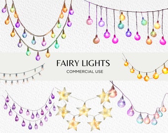 Fairy Lights Watercolour Clipart Bundle, 18 Transparent Isolated PNG 300 dpi, Colourful String Lights, Bulb, Digital Download Commercial Use