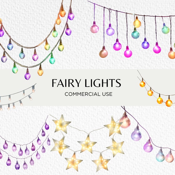 Fairy Lights Watercolour Clipart Bundle, 18 Transparent Isolated PNG 300 dpi, Colourful String Lights, Bulb, Digital Download Commercial Use