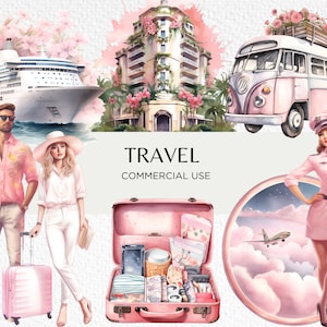 Rosa Reise Aquarell Clipart Bundle, 22 transparente PNG 300 dpi, süße Girly Pastell Urlaub, Steiff, digitaler Download, kommerzielle Nutzung