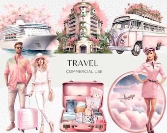 Pink Travel Watercolour Clipart Bundle, 22 Transparent PNG 300 dpi, Cute Girly Pastel Holiday, Air Hostess, Digital Download, Commercial Use