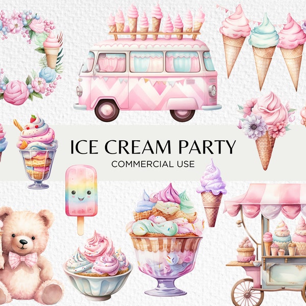 Ice Cream Party akwarela clipart, 20 przezroczystych PNG 300 dpi, koszyk pastelowych lodów, szyszki lodów, pobieranie cyfrowe, wykorzystanie komercyjne