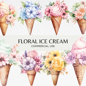 Pastell Eistüten Aquarell Clipart, 20 transparente PNG 300 dpi, hübsche Blumen Eiscreme, Blumen, digitaler Download, kommerzielle Nutzung