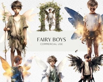 Fairy Boys Watercolour Clipart Bundle, 18 Transparent Isolated PNG Images 300 dpi, Fantasy Enchanted Forest, Digital Download Commercial Use