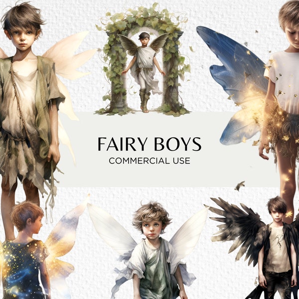 Fairy Boys Watercolour Clipart Bundle, 18 Transparent Isolated PNG Images 300 dpi, Fantasy Enchanted Forest, Digital Download Commercial Use