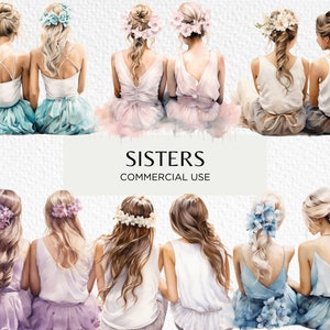 Hermanas acuarela clipart, 20 PNG transparente 300 dpi, amigas sentadas juntas, vista desde atrás, descarga digital, uso comercial