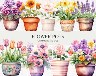 May include: A set of watercolor illustrations of flower pots with various flowers, including sunflowers, lavender, tulips, roses, and anemones. The pots are decorated with different patterns and colors. The text "FLOWER POTS COMMERCIAL USE" is written below the image.