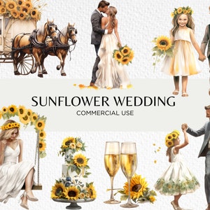 Pacchetto clipart acquerello matrimonio girasole, 18 PNG trasparenti 300 dpi, tema girasoli, festa nuziale, download digitale. Uso commerciale