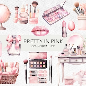 Clipart acquerello bellezza rosa, 20 PNG trasparenti 300dpi, truccatore, trucco rosa pastello Girly carino, download digitale, uso commerciale