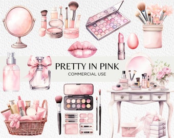 Pink Beauty Watercolour Clipart, 20 Transparent PNG 300dpi, Makeup Artist, Cute Girly Pastel Pink Make Up, Digital Download, Commercial Use
