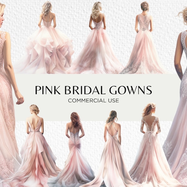 Pink Wedding Dresses Watercolour Clipart Bundle, 24 Transparent Isolated PNG 300 dpi, Blush Bridal Gown, Digital Download Commercial Use