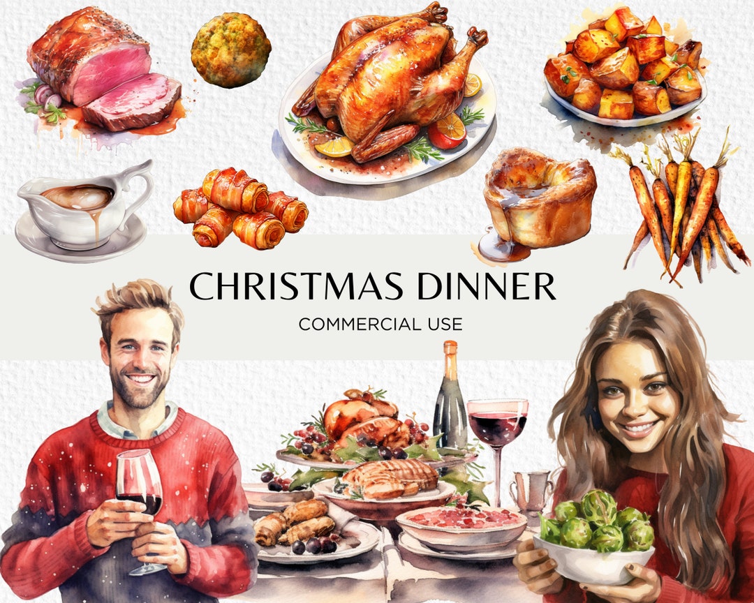 Christmas Dinner Watercolour Clipart Bundle, 30 Transparent PNG 300dpi