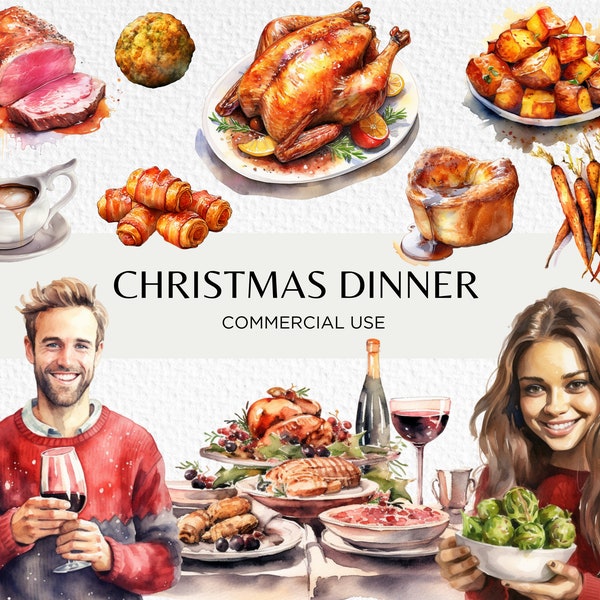 Christmas Dinner Watercolour Clipart Bundle, 30 Transparent PNG 300dpi, Seasonal Food Christmas Dining Table,Digital Download Commercial Use