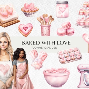 Schattige roze bakken aquarel clipart, 25 transparante PNG 300 dpi, mooie Valentijnsdag cake bakken accessoires, digitale download commercieel gebruik