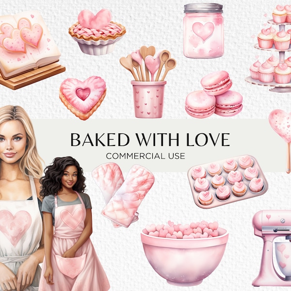 Cute Pink Baking Watercolour Clipart, 25 Transparent PNG 300 dpi, Pretty Valentines Cake Baking Accessories, Digital Download Commercial Use