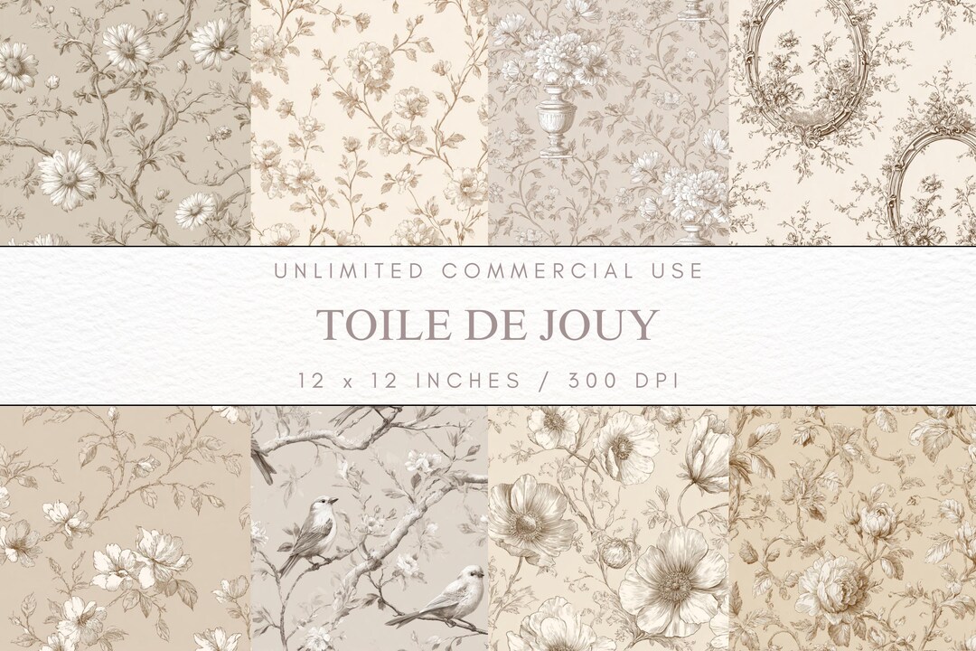 Neutral Toile De Jouy Seamless Patterns, Beige Floral Digital Paper ...