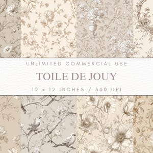 Könnte beinhalten: Eine Sammlung digitaler Toile de Jouy Papiere, jeweils 30,48 x 30,48 cm, mit floralen und Vogelmustern in Beige- und Cremetönen. Die Designs umfassen Blumen, Zweige, Vögel und dekorative Rahmen.