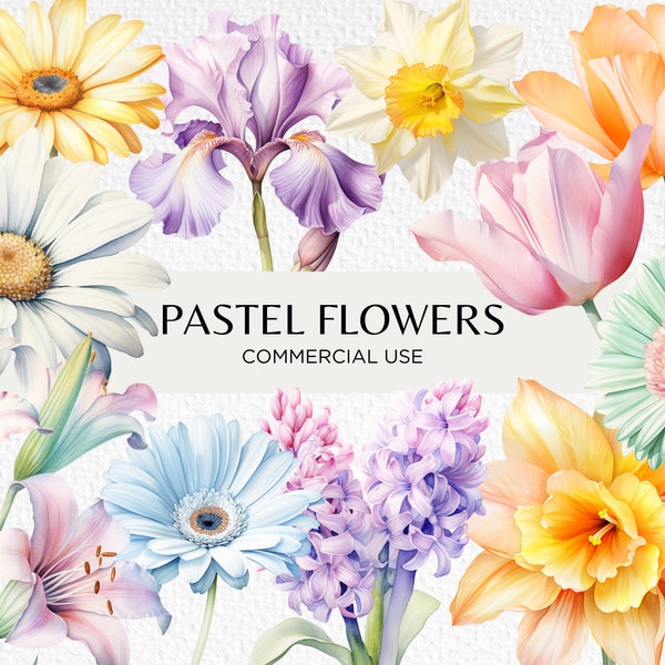 Pastel Flowers Watercolour Clipart, 20 Transparent PNG 300dpi, Cute Spring Flowers, Easter Flower, Journal, Digital Download, Commercial Use