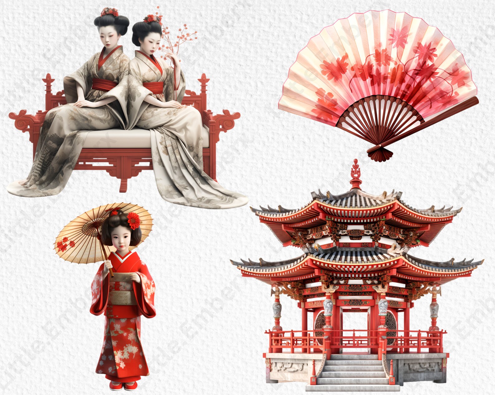 Geisha Girls Clipart Bundle, 16 Transparent PNG 300 Dpi, Japanese ...