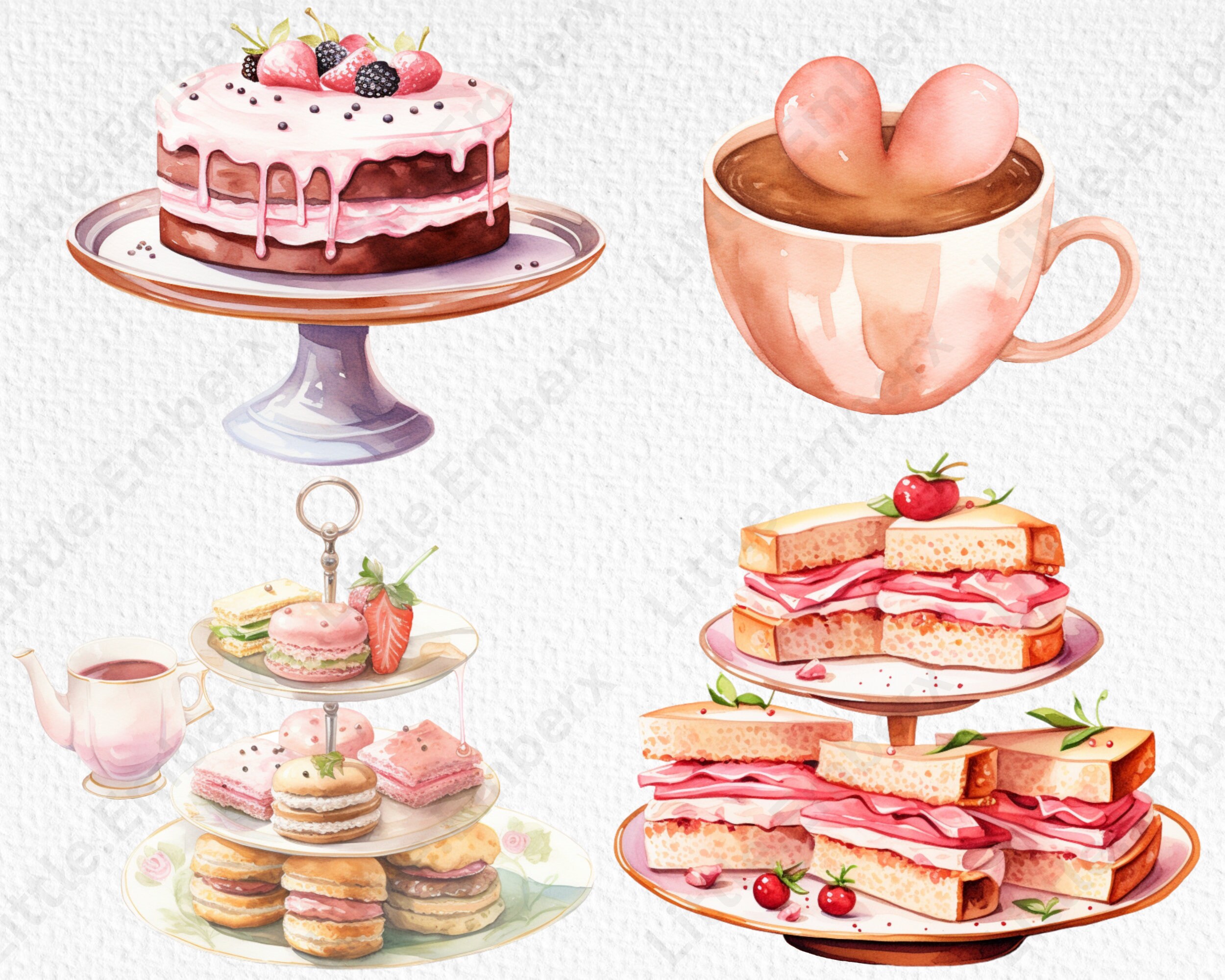 Afternoon Tea Watercolour Clipart, 20 Transparent PNG 300 Dpi, Pink Tea ...