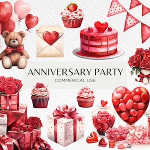 Clipart de acuarela de fiesta de aniversario rojo, 20 PNG transparente 300 dpi, Romance de San Valentín, Cupcakes lindos, Descarga digital, Uso comercial