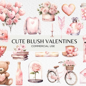 Niedliche Blush Valentines Aquarell Clipart, 25 transparente PNG 300 dpi, romantische rosa Liebe Grafiken, Herzen, digitaler Download, kommerzielle Nutzung