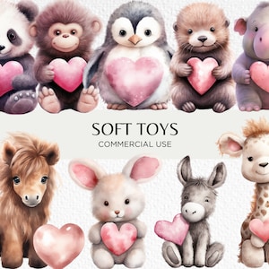 Paquete de imágenes prediseñadas de acuarela de juguetes suaves, 20 PNG transparentes de 300 ppp, lindos animales de peluche, ositos de peluche mullidos, descarga digital, uso comercial