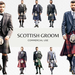 Pacchetto Clipart dell'acquerello degli sposi scozzesi, 16 PNG trasparente isolato 300 dpi, Sposo che indossa Kilt, Download digitale, Uso commerciale