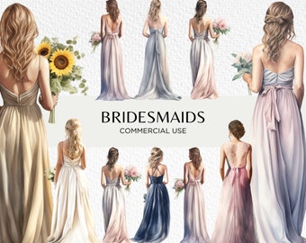 Bridesmaid Dresses Watercolour Clipart Bundle, 20 Transparent PNG 300 dpi, Bridesmaid Dress From Behind, Digital Download, Commercial Use