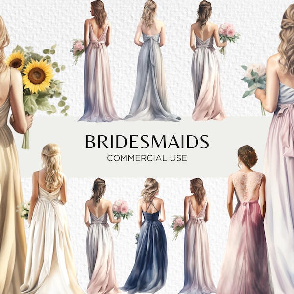 Bridesmaid Dresses Watercolour Clipart Bundle, 20 Transparent PNG 300 dpi, Bridesmaid Dress From Behind, Digital Download, Commercial Use