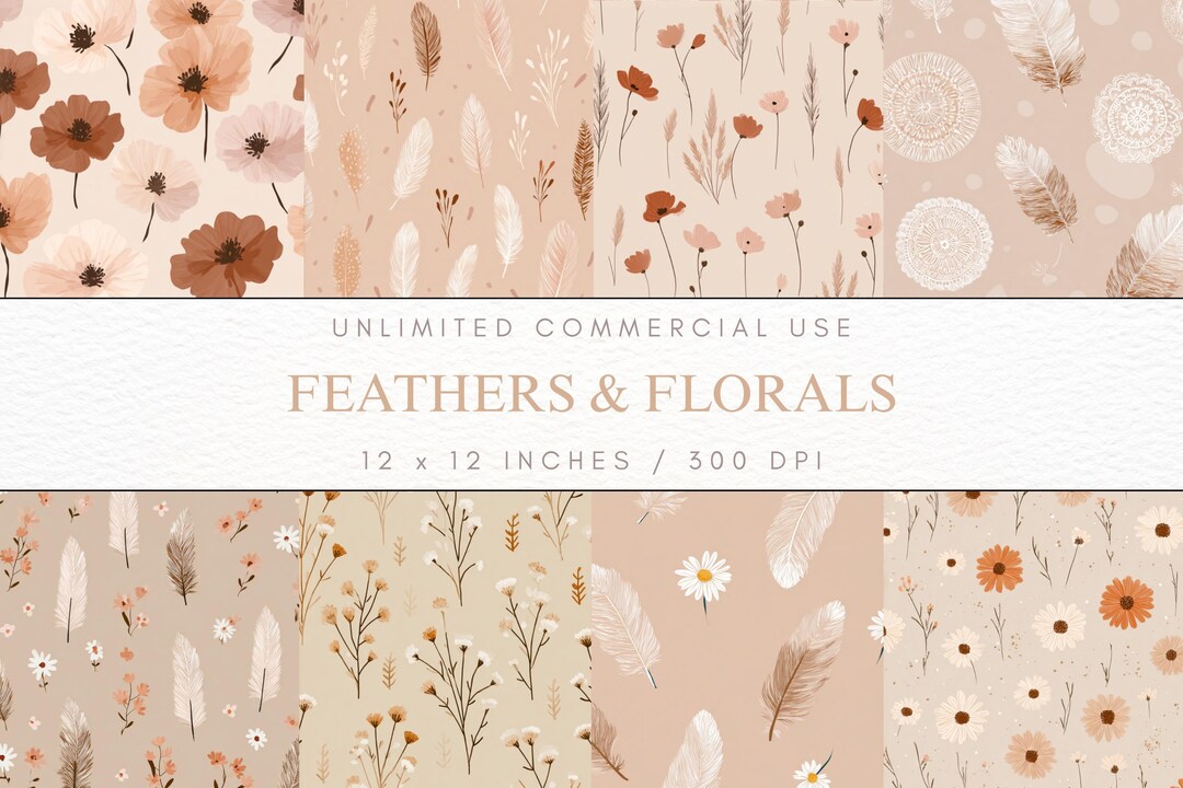 Neutral Feather Pattern Feathers & Florals Seamless Patterns, Earthy Boho Digital Paper ...