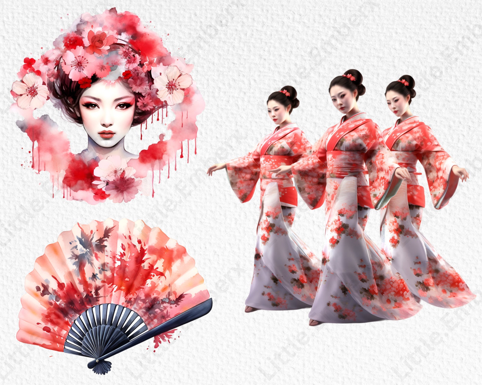Geisha Girls Clipart Bundle, 16 Transparent PNG 300 Dpi, Japanese ...