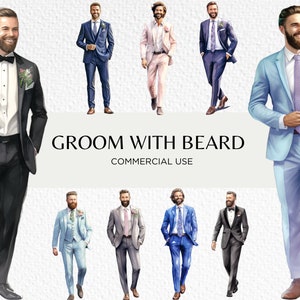 Grooms With Beards Acquerello Clipart Bundle, 16 PNG trasparente 300 dpi, Sposo barbuto bello In tuta, Download digitale, Uso commerciale