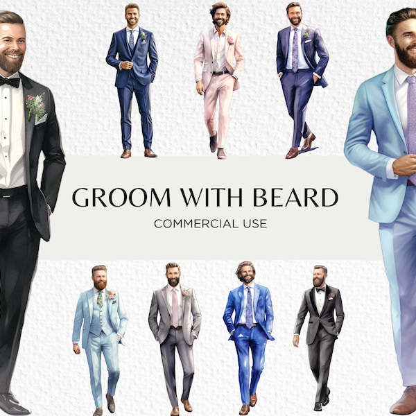 Grooms With Beards Watercolour Clipart Bundle, 16 Transparent PNG 300 dpi, Handsome Bearded Groom In Suit, Digital Download, Commercial Use