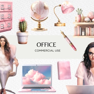 Pink Office Watercolor Clipart Bundle, 22 PNG trasparenti 300 dpi, Accessori da ufficio carini, Boss femminile, Download digitale, Uso commerciale