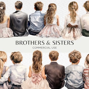 Brothers And Sisters Watercolour Clipart, 20 Transparent PNG 300 dpi, Best Friends, View From Behind, Digital Download, Commercial Use