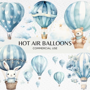 Schattige blauwe hete lucht ballonnen aquarel clipart, 20 transparante PNG 300 dpi, teddybeer in hete luchtballon, digitale download, commercieel gebruik