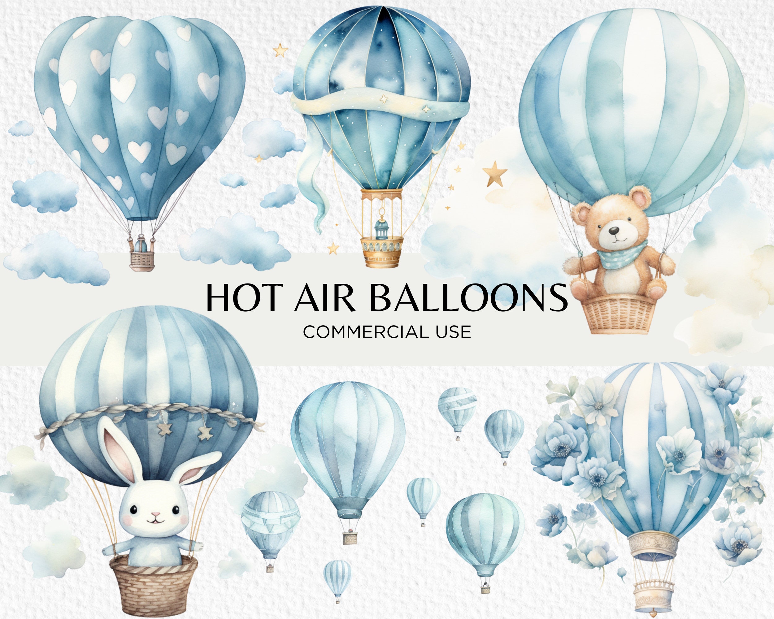 Cute Blue Hot Air Balloons Watercolour Clipart, 20 Transparent PNG 300 dpi, Teddy Bear In Hot Air Balloon, Digital Download, Commercial Use