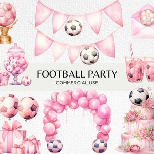 Voetbalfeest aquarel clipart, 20 transparante PNG 300 dpi, voetbal verjaardagsthema, ballonboog, taart, digitale download, commercieel gebruik