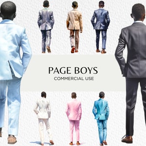 Black Page Boys Acuarela Clipart Bundle, 14 PNG transparente 300 dpi, Chico lindo en traje, Banquete de boda, Descarga digital, Uso comercial