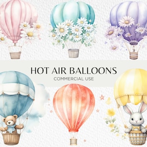 Süße Pastell Heißluftballons Aquarell Clipart, 20 transparente PNG 300 dpi, Teddybär im Heißluftballon, digitaler Download kommerzielle Nutzung