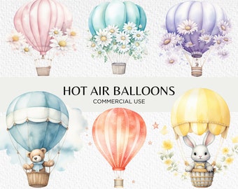 Cute Pastel Hot Air Balloons Watercolour Clipart, 20 Transparent PNG 300 dpi, Teddy Bear In Hot Air Balloon, Digital Download Commercial Use