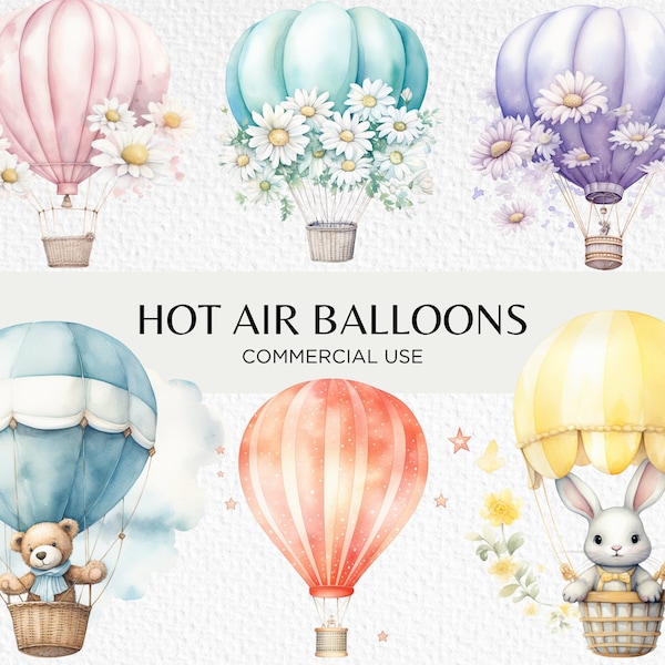 Cute Pastel Hot Air Balloons Watercolour Clipart, 20 Transparent PNG 300 dpi, Teddy Bear In Hot Air Balloon, Digital Download Commercial Use