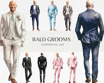 Bald Grooms Watercolour Clipart Bundle, 16 Transparent PNG 300 dpi, Groom In Suits, View From Behind, Digital Download, Commercial Use