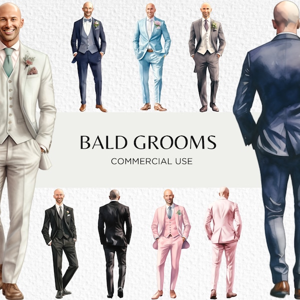 Bald Grooms Watercolour Clipart Bundle, 16 Transparent PNG 300 dpi, Groom In Suits, View From Behind, Digital Download, Commercial Use