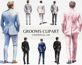 Groom Watercolour Clipart Bundle, 16 Transparent Isolated PNG 300 dpi, Grooms In Suits From Behind, Digital Download Commercial Use Clip Art